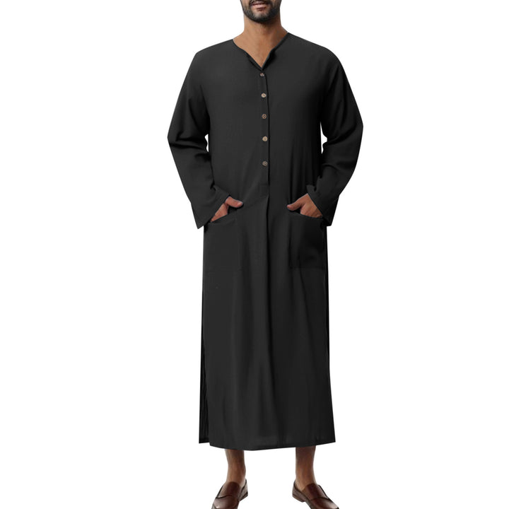 Men's wide long tunic-kaftan made of breathable linen with stand-up collar, button placket, and patch pockets Mune Fashion