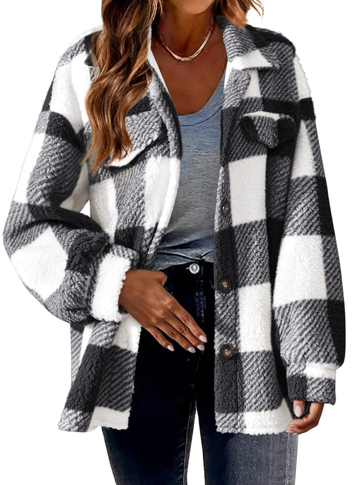 Women's cozy Sherpa check transitional jacket with chest pockets and generous oversized cut Mune Fashion