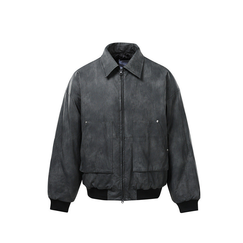 Men's Short Boxy Vintage Leather Look Blouson with Ribbed Cuffs and Large Flap Pockets Mune Fashion