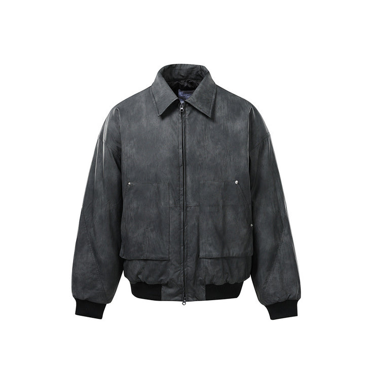 Men's Short Boxy Vintage Leather Look Blouson with Ribbed Cuffs and Large Flap Pockets Mune Fashion