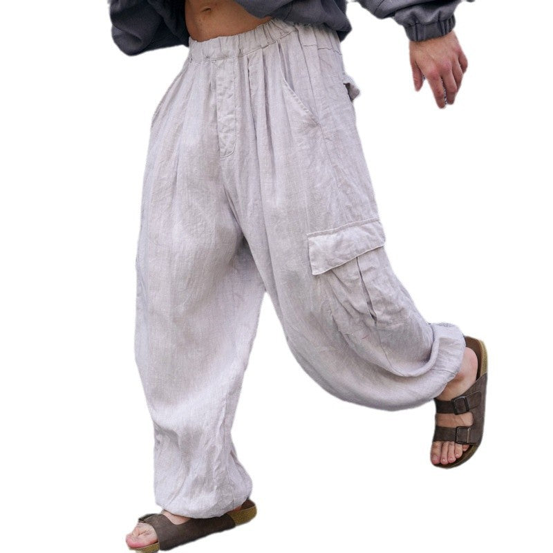 Men's Wide Linen Cargo Pants with Elastic Waistband, Pleats and Patch Side Pocket Mune Fashion
