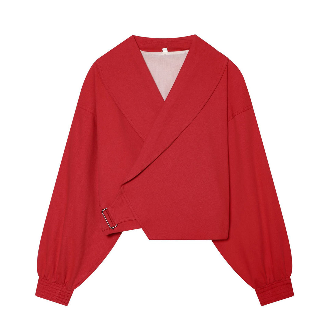 Women short wrap jacket with large shawl collar, belted waist and balloon sleeves Mune Fashion