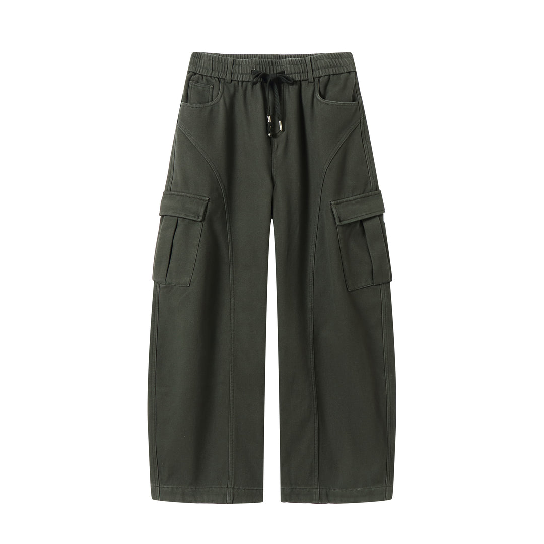 Men's Wide Cargo Pants with Drawstring Waist and Multiple Flap Pockets Mune Fashion