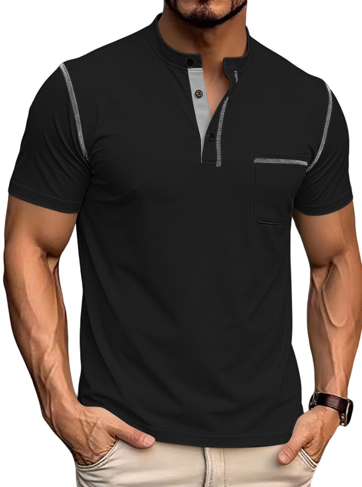 Men's short-sleeved polo shirt with stand-up collar button placket chest pocket made of elastic cotton blend Mune Fashion