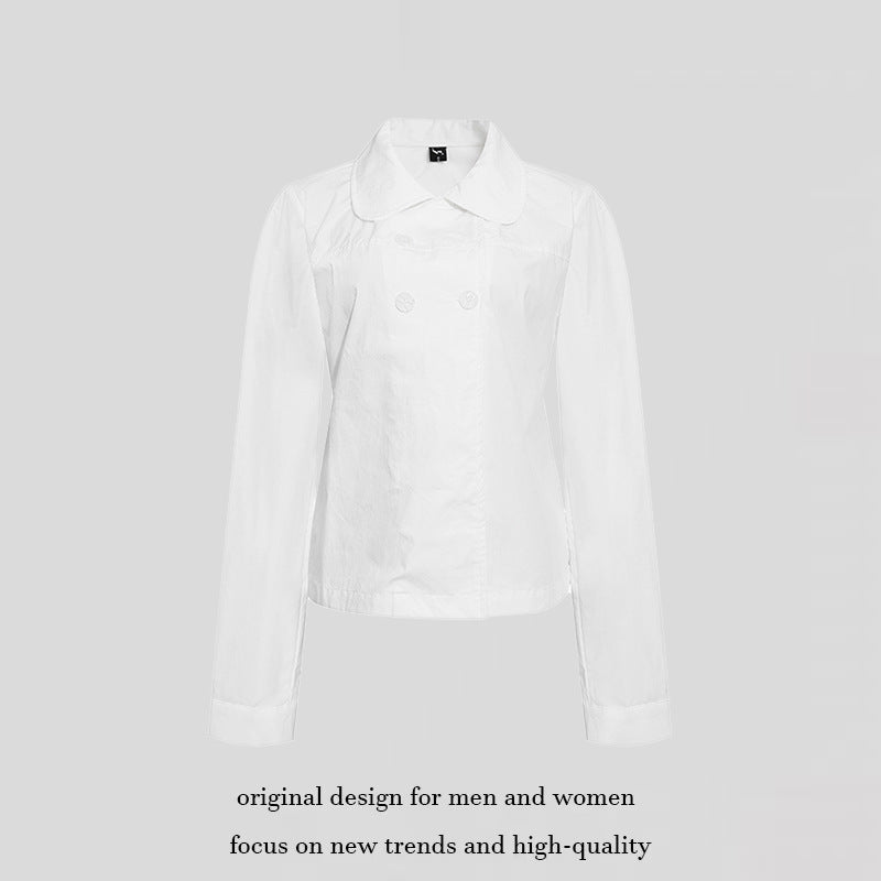 Women Tailored Lightweight Cotton Blouse Jacket with Round Collar and Double Button Row Mune Fashion