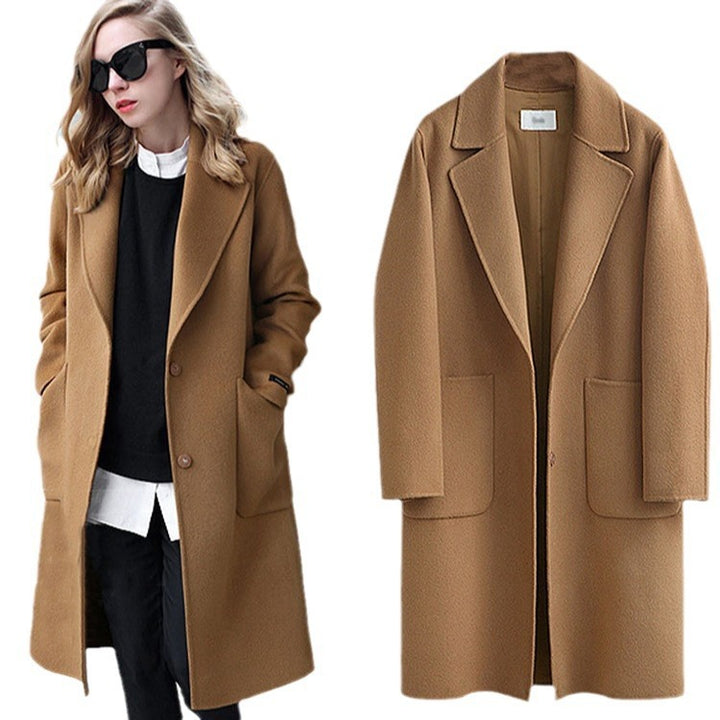 Women nan Oversize Wool Coat with Lapel Collar and Patch Pockets Mune Fashion