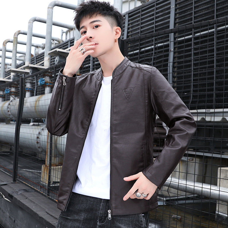 Men's Slim Faux Leather Moto Blouson with Stand Collar and Zipper Sleeves Mune Fashion