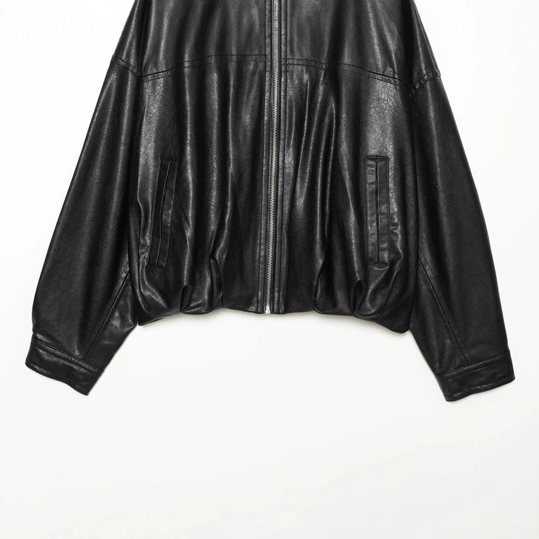 Women Oversize Faux Leather Blouson with Round Neckline, Zipper and Side Pockets Drune