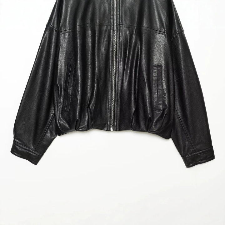 Women Oversize Faux Leather Blouson with Round Neckline, Zipper and Side Pockets Drune