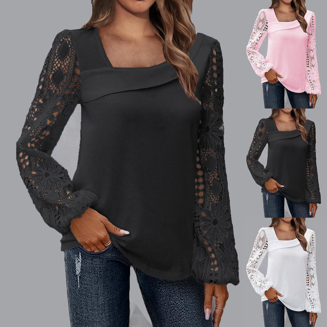 Ladies blouse with square neckline and crocheted lace sleeves Mune Fashion
