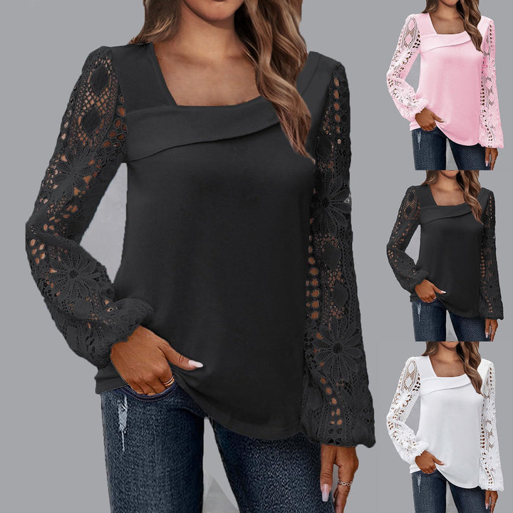 Ladies blouse with square neckline and crocheted lace sleeves Mune Fashion
