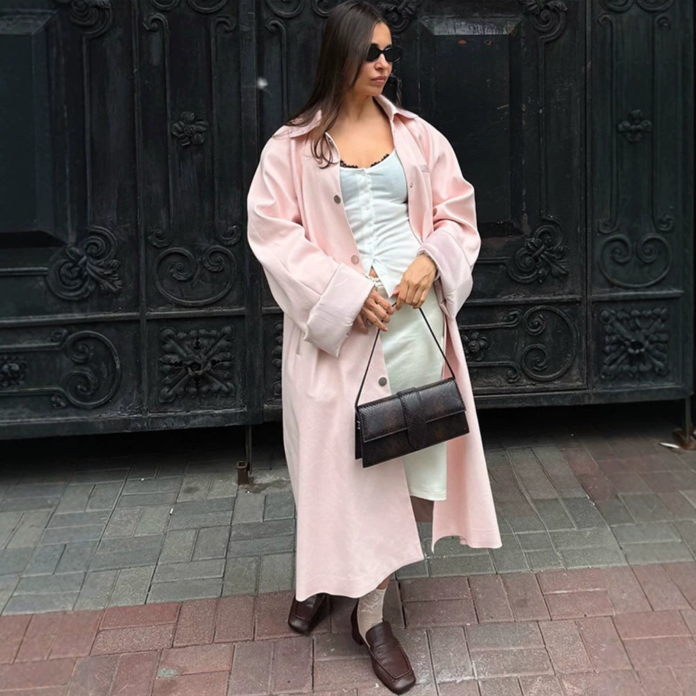 Women's midi coat made of wool blend with dropped shoulders and concealed snap button placket Mune Fashion