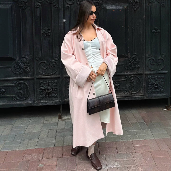 Women's midi coat made of wool blend with dropped shoulders and concealed snap button placket Mune Fashion