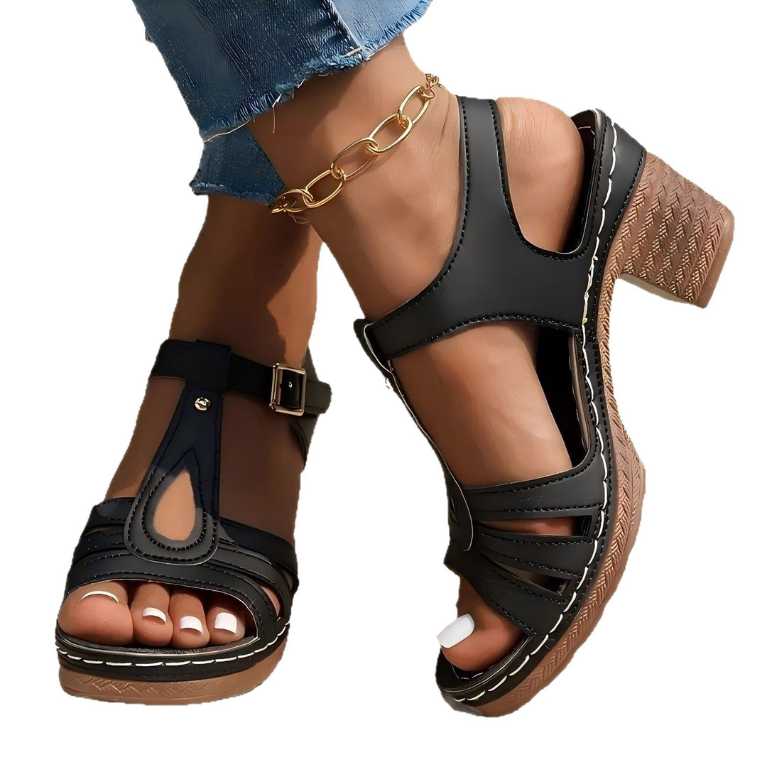 Women's T-Strap Sandal with Mid-Height Block Heel and Padded Footbed Mune Fashion
