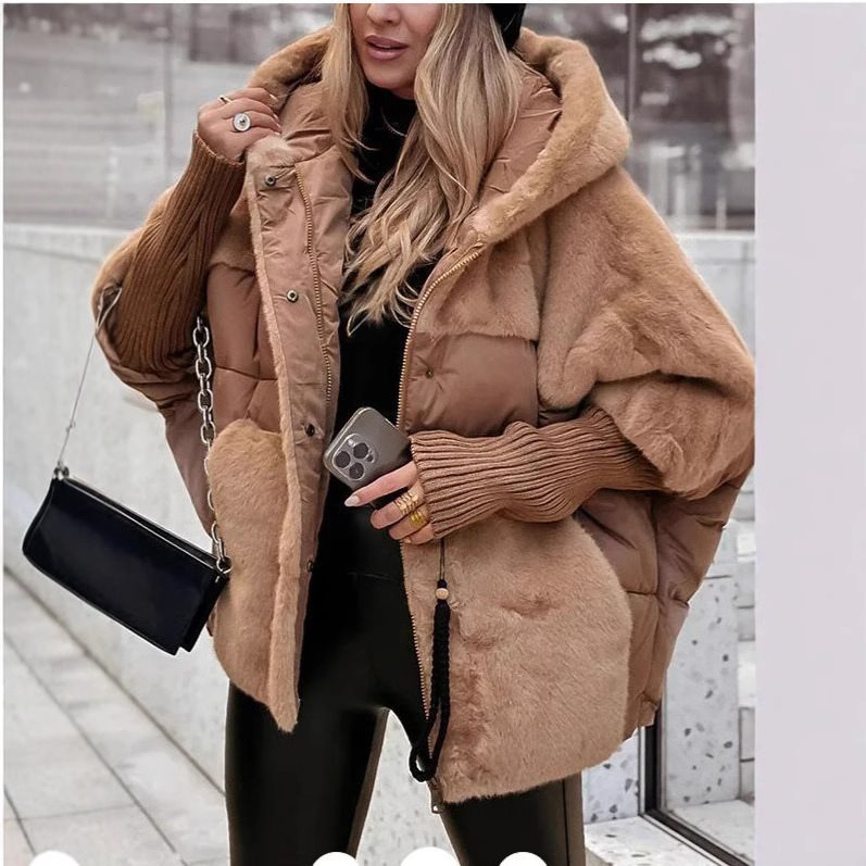 Women's Quilted Oversized Parka with Faux Fur Trim, Hood and Ribbed Cuffs Mune Fashion