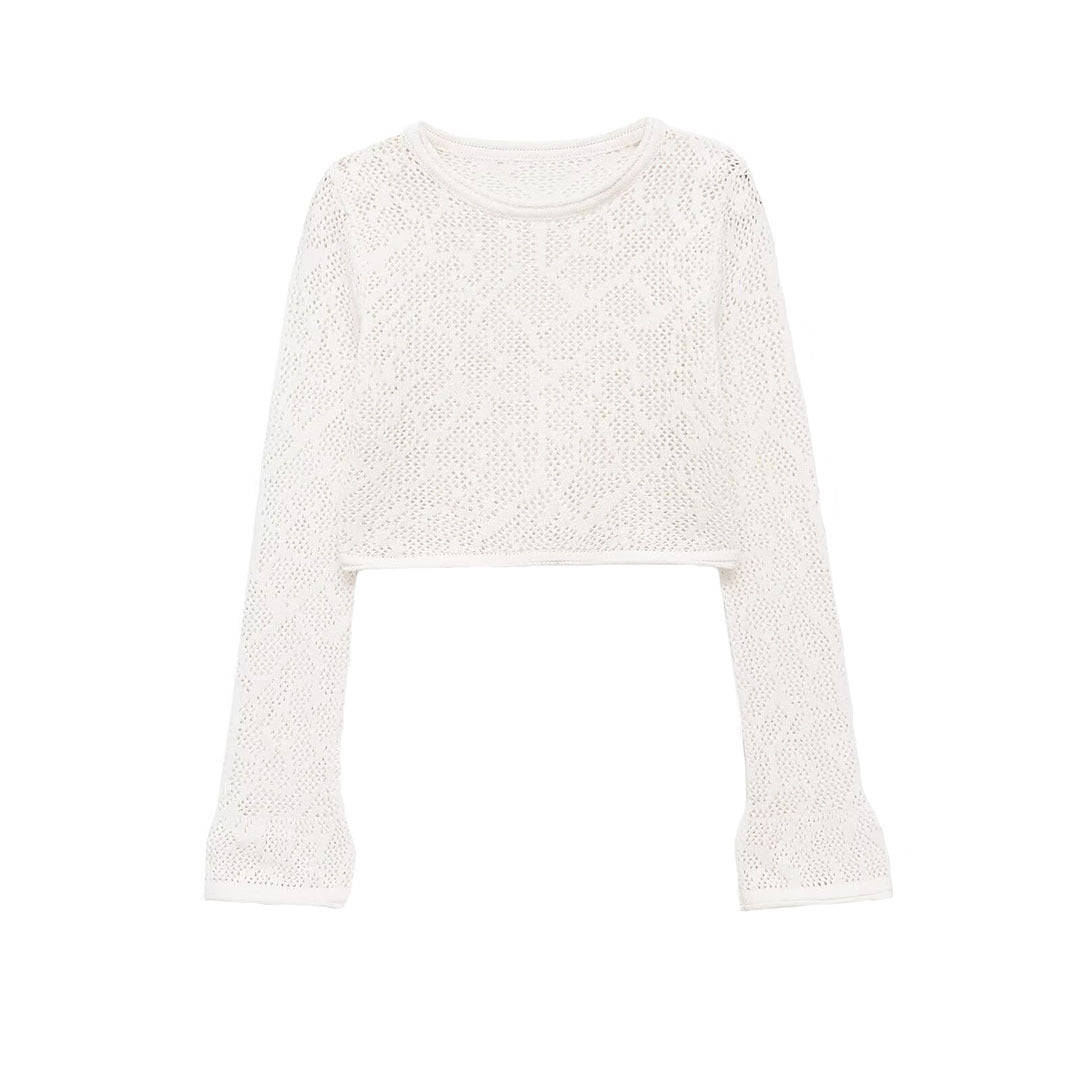 Women's Short Cut Lace Knit Crop Top with Round Neckline and Slightly Flared Sleeves Mune Fashion