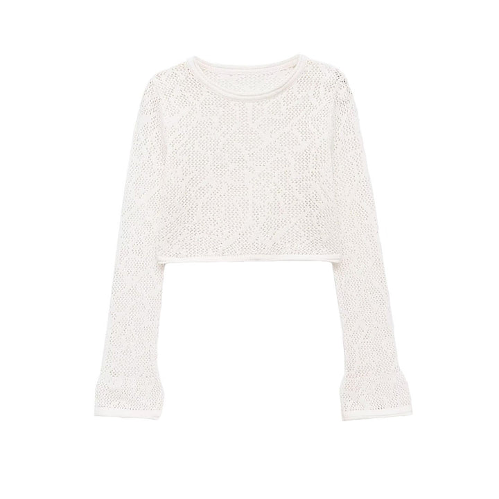 Women's Short Cut Lace Knit Crop Top with Round Neckline and Slightly Flared Sleeves Mune Fashion