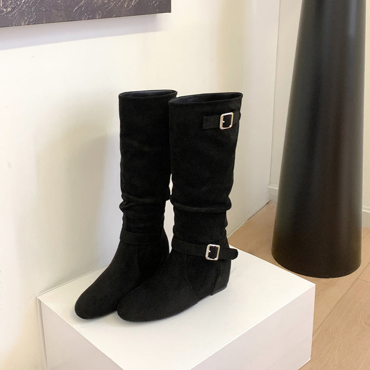 Women's Knee-High Suede Slouch Boots with Adjustable Decorative Straps and Flat Wedge Sole Mune Fashion