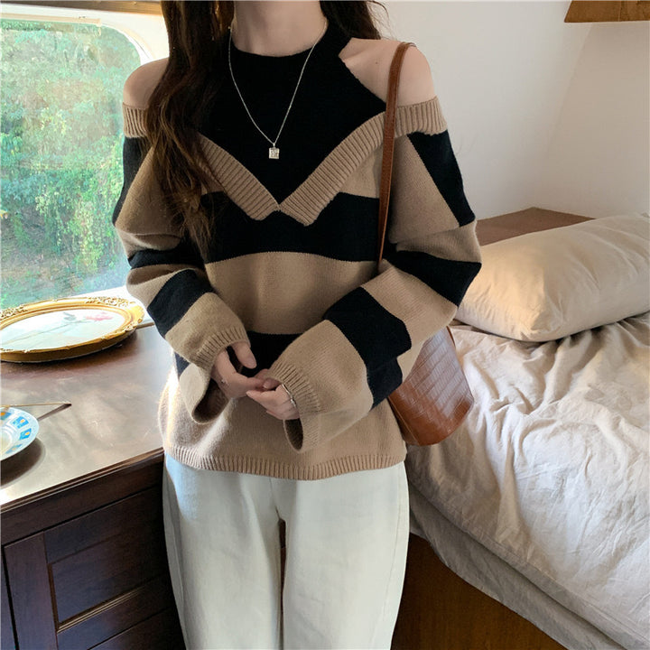 Women's Off-Shoulder Striped Knit Sweater with Cut-Out Shoulders and V-Inset Mune Fashion