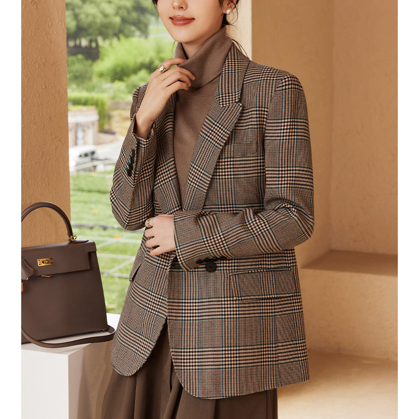 Women's Glencheck Oversize Blazer with Structured Shoulder and Patch Pockets Mune Fashion