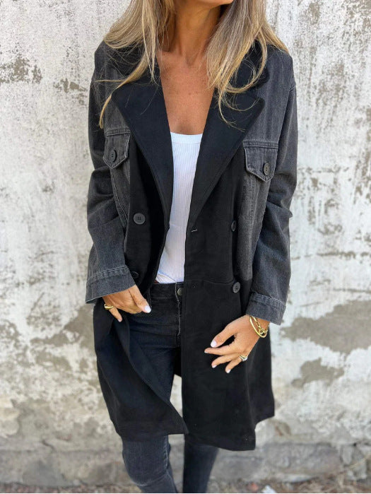 Women's Oversize Jeans Blazer with Contrasting Suede Insert and Double Button Placket Mune Fashion