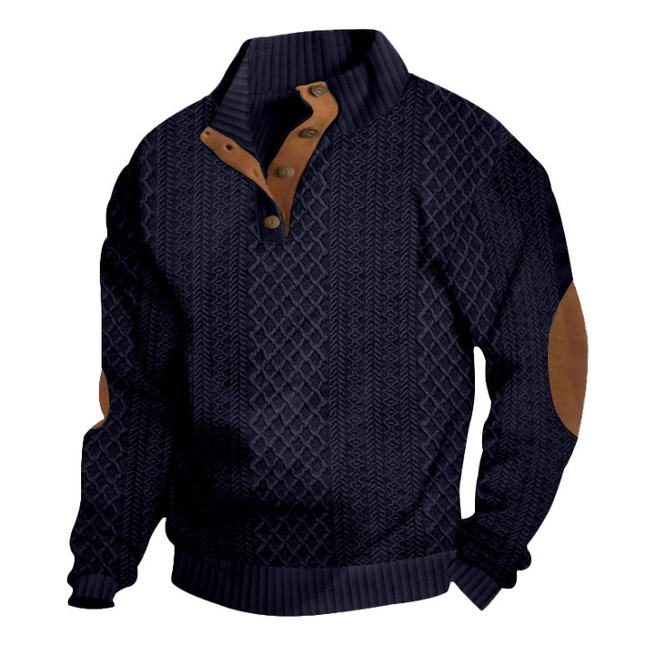 Men's chunky cable knit Troyer with button placket and suede elbow patches Mune Fashion