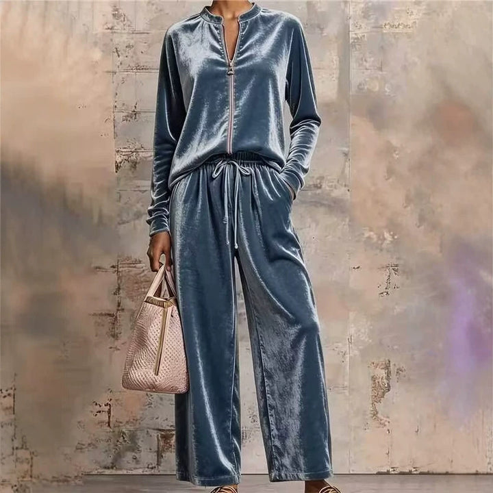 Women's Velvet Lounge Set with Stand Collar, Half Zipper and Wide Palazzo Pants Mune Fashion