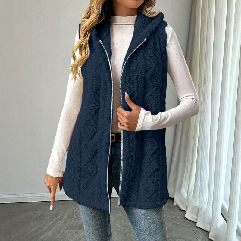 Women's Hooded Teddy Vest with Zipper and Structured Knit Look Mune Fashion