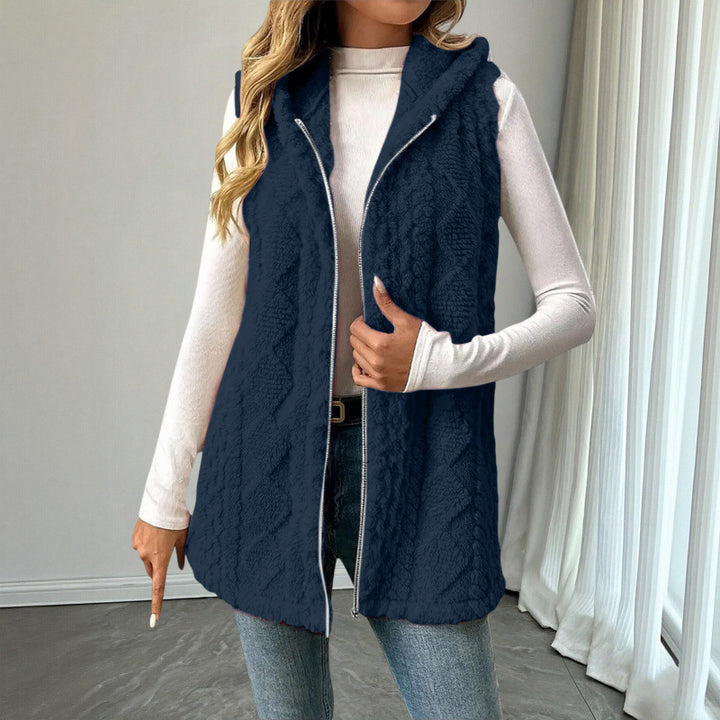 Women's Hooded Teddy Vest with Zipper and Structured Knit Look Mune Fashion