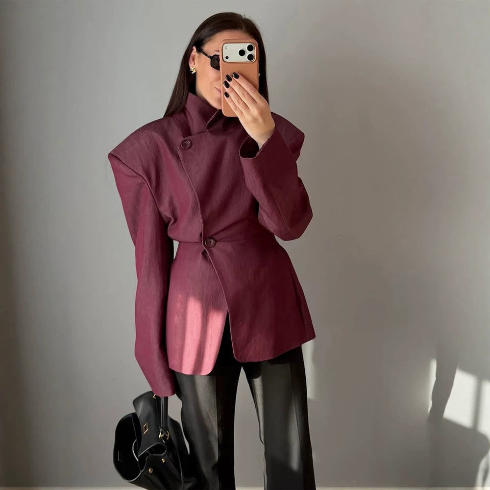 Women Asymmetrical fitted blazer with striking shoulder pads Mune Fashion