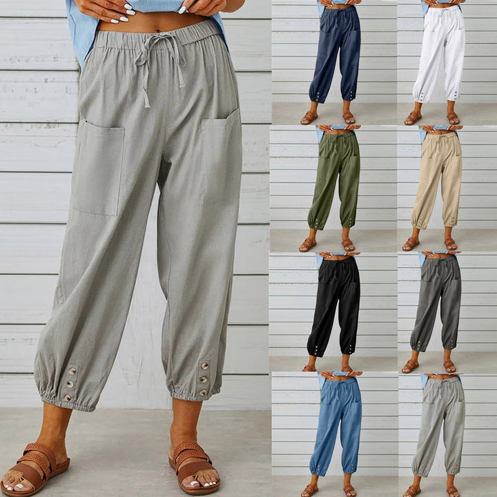 Women’s lightweight cotton-linen pants with drawstring, patch pockets and buttoned cuffs Mune Fashion