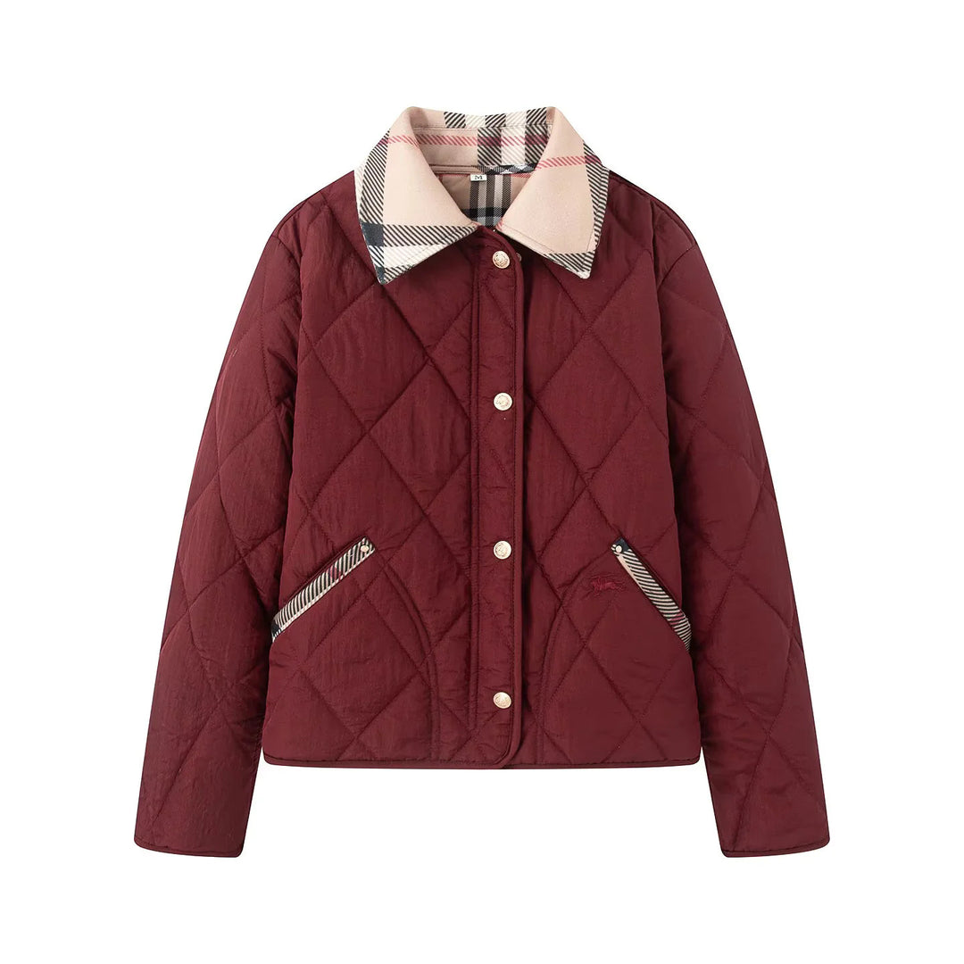 Women's padded short jacket with check collar and piped side pockets Mune Fashion