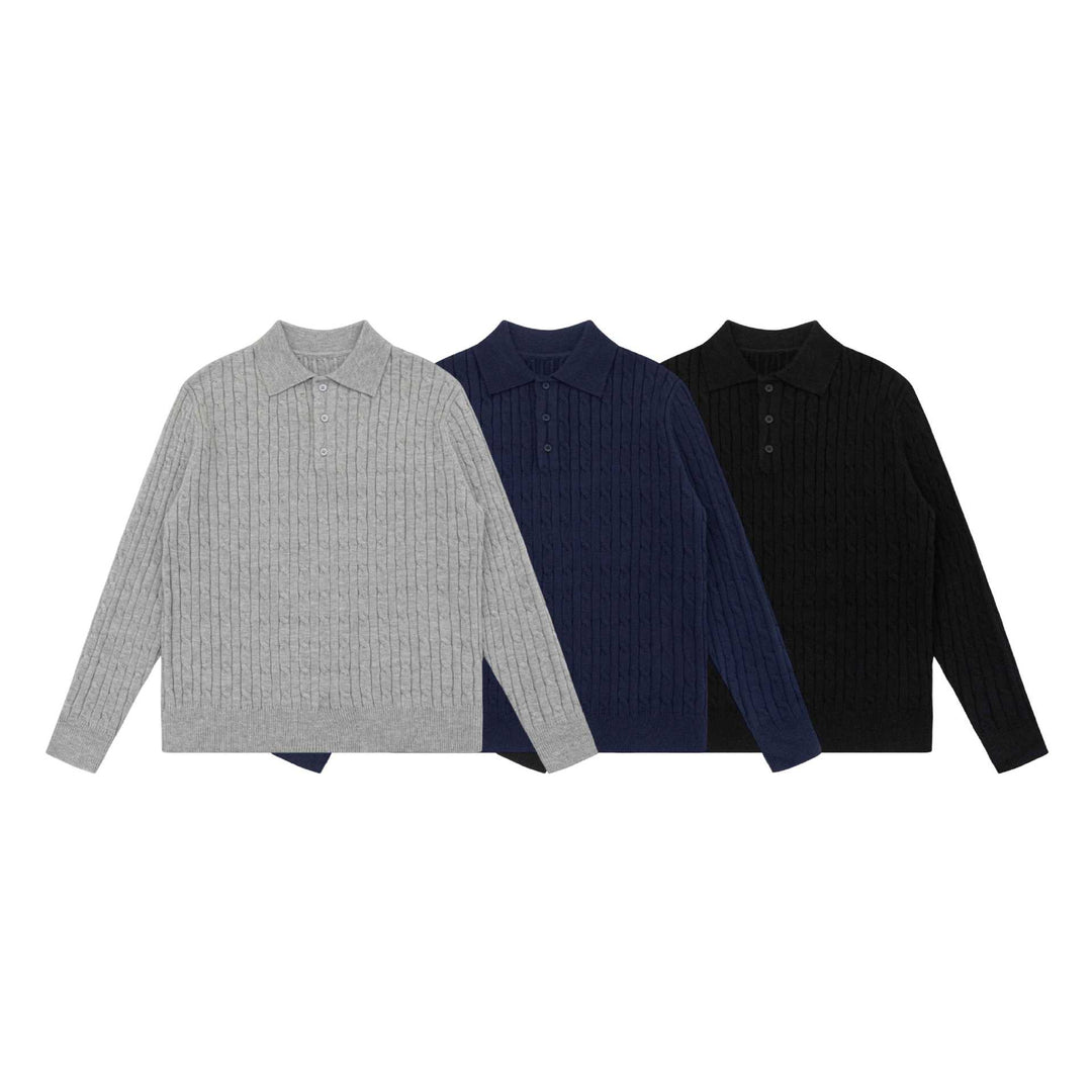 Unisex Chunky Knit Polo Collar Sweater with Cable Pattern and Half Button Placket Mune Fashion