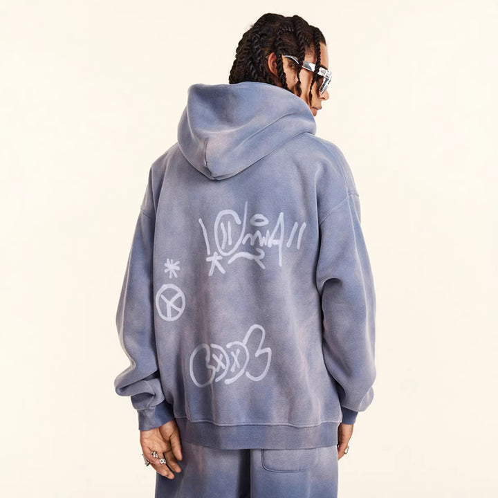 Unisex oversized hoodie jacket with full-length zipper, brushed fleece lining, and hand-like spray print Mune Fashion