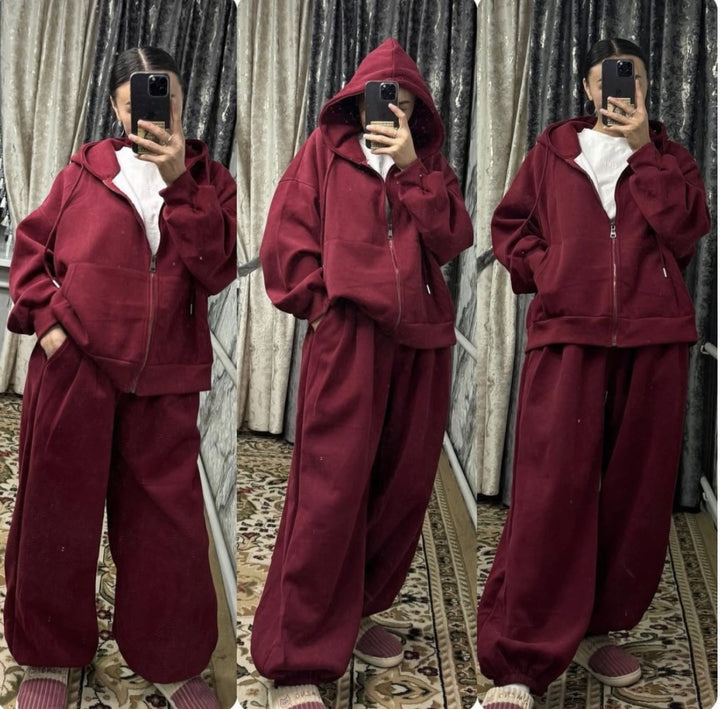 Women's oversized hooded jacket with zipper and wide jogging pants lounge set Mune Fashion