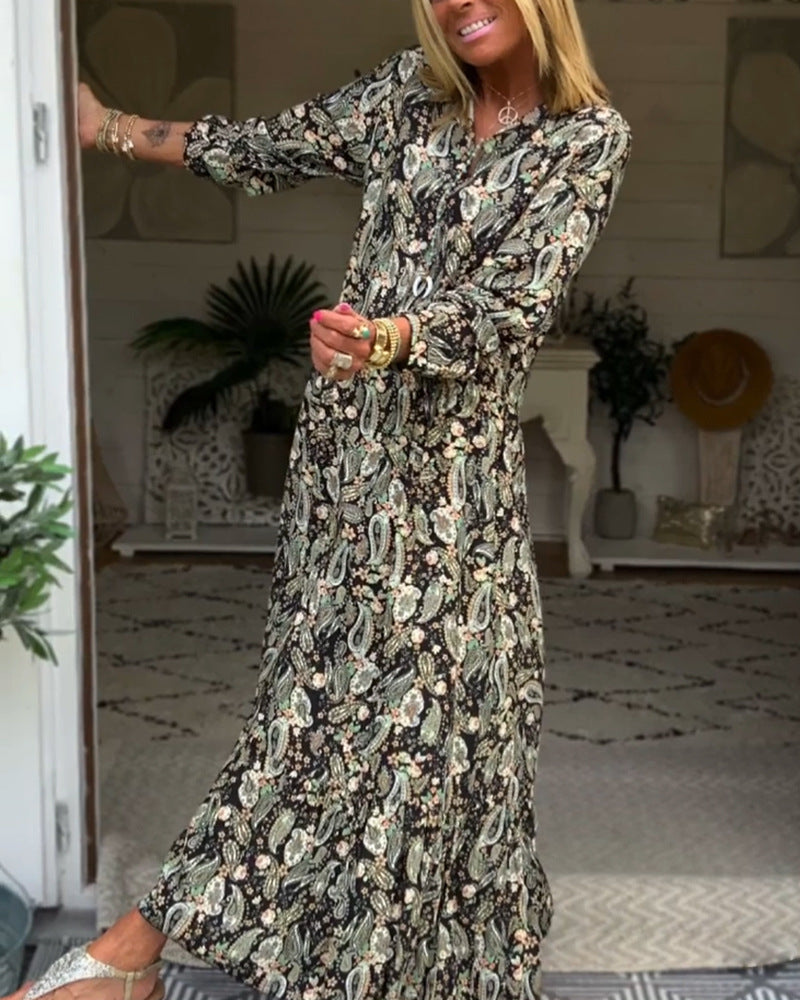 Women's Boho Maxi Dress with Paisley Print, V-Neck, Gathered Waist yoke and Ruffle Hem Mune Fashion