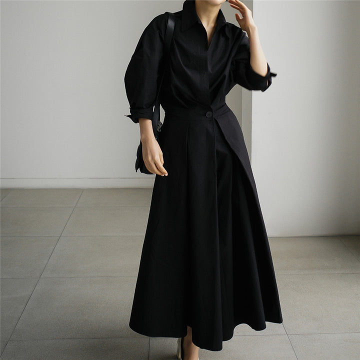 Women's collar blouse dress with tailored button placket and wide pleated skirt Mune Fashion