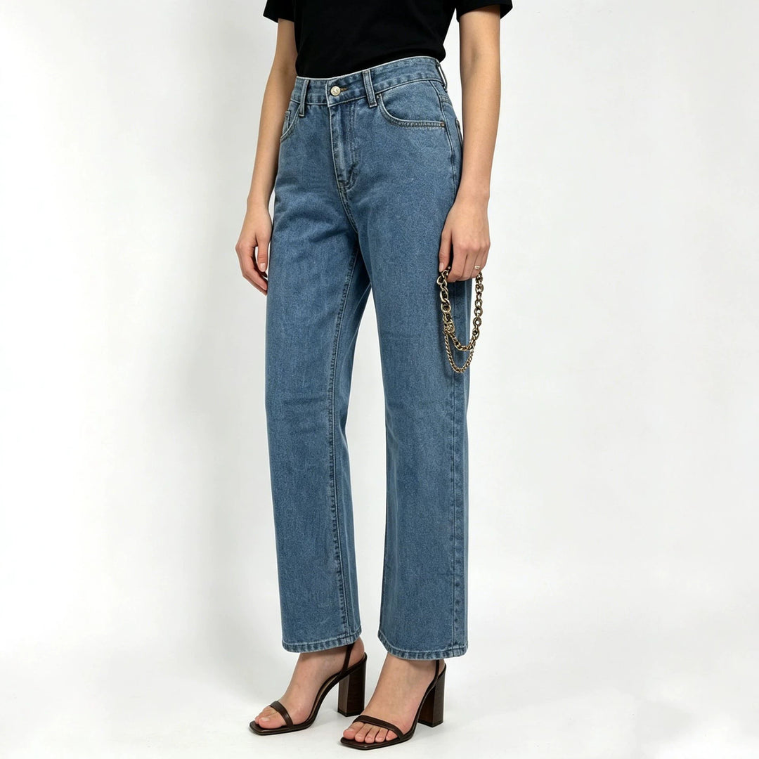 Women's high-waisted straight-leg jeans with straight leg and subtle vintage wash Mune Fashion