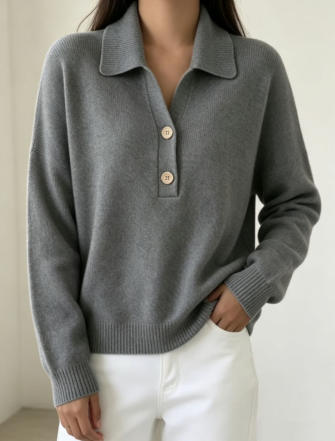 Women Polo Collar Sweater with Half Button Placket and Ribbed Hem Mune Fashion