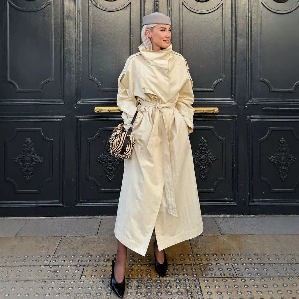 Women’s longer lighter trench coat with wide shawl collar and dropped shoulder Mune Fashion