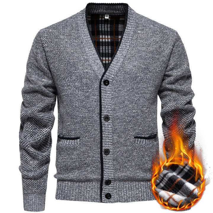 Men's Structured V-Neck Knit Cardigan with Contrasting Edge and Checked Lining Mune Fashion