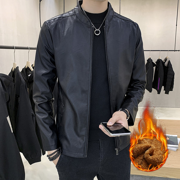 Men's slim-fit faux leather flight jacket with minimalist stand collar and concealed zip placket Mune Fashion