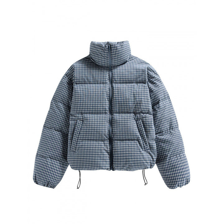Women's short quilted jacket in check pattern with high stand-up collar and drawstring Mune Fashion