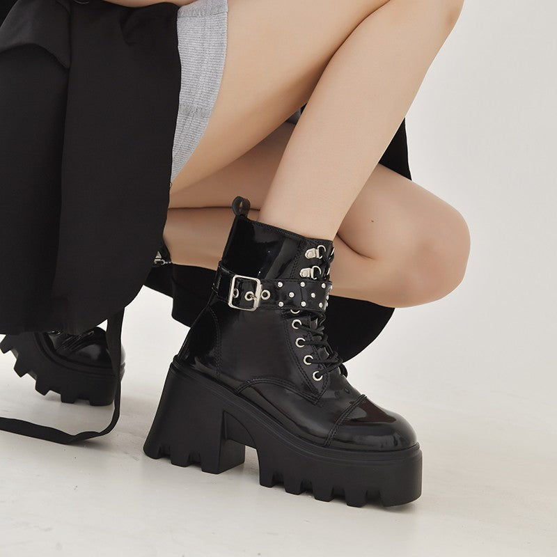 Women’s Platform Combat Boots with Studs and Buckle Straps, High-Cut Lacing and Contoured Wave Sole Mune Fashion