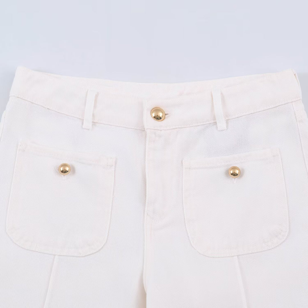 Ladies High-Waist Wide-Leg Jeans with patch front pockets and center seam detail Mune Fashion