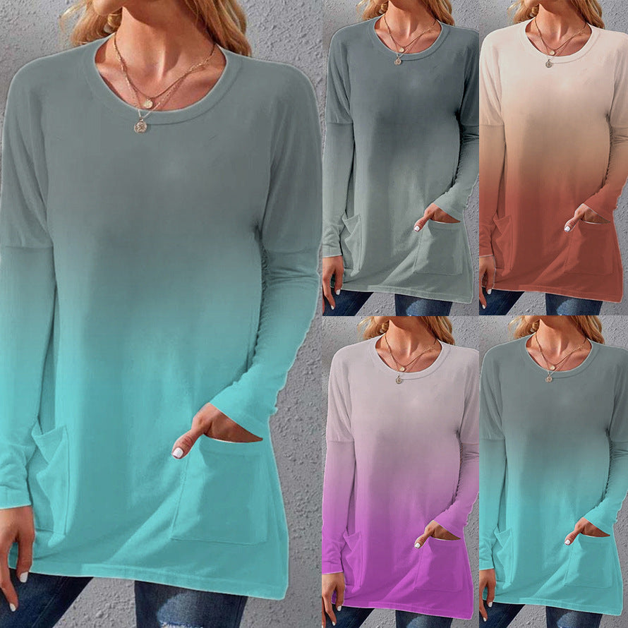 Women's Long Ombre Tunic Shirt with Round Neckline and Insert Pockets Mune Fashion