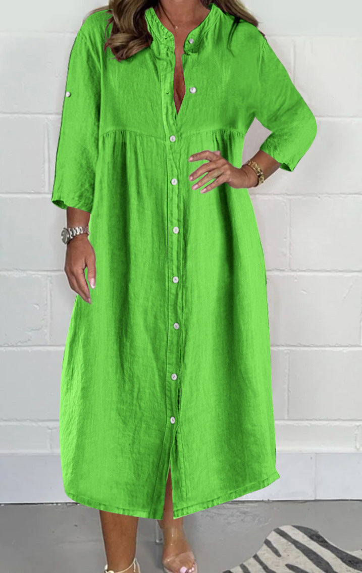 Women Loose Empire Midi Shirt Dress in Linen Look with Stand-Up Collar and 3/4 Sleeves Mune Fashion