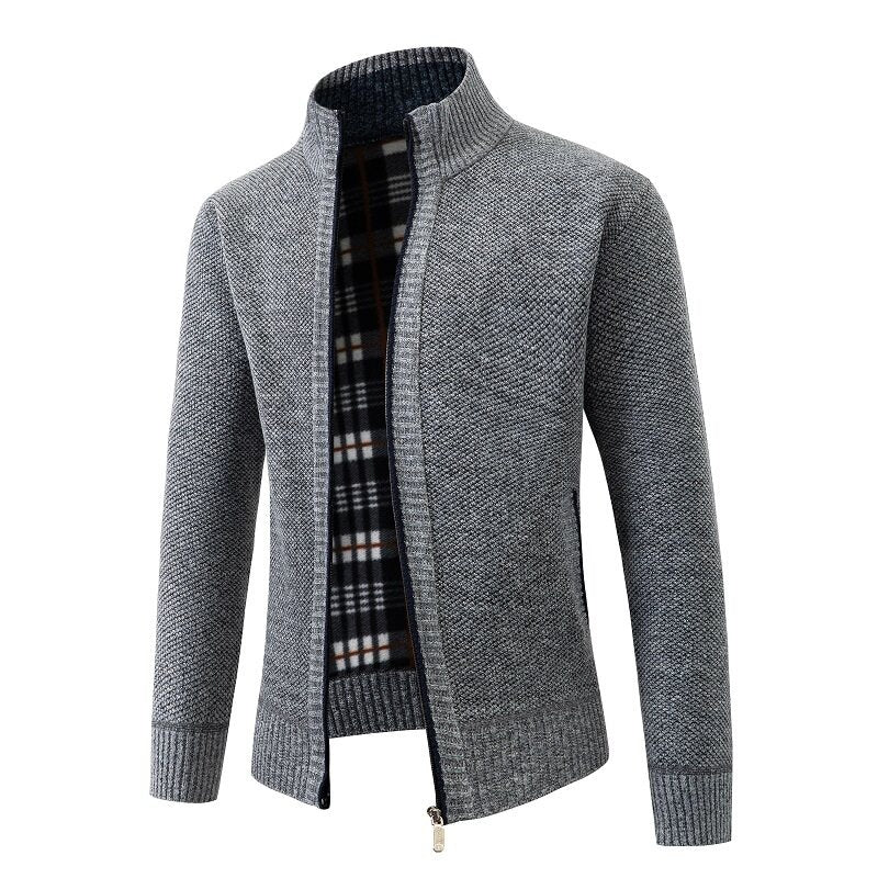 Men's Structured Zip Cardigan with Check Fleece Lining and Stand-Up Collar Mune Fashion