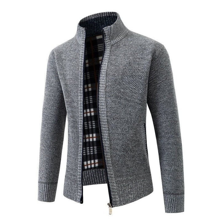 Men's Structured Zip Cardigan with Check Fleece Lining and Stand-Up Collar Mune Fashion