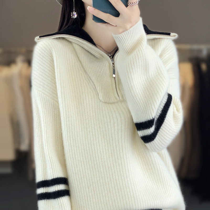 Women's ribbed knit pullover with half zipper, high stand-up collar, and relaxed fit Mune Fashion